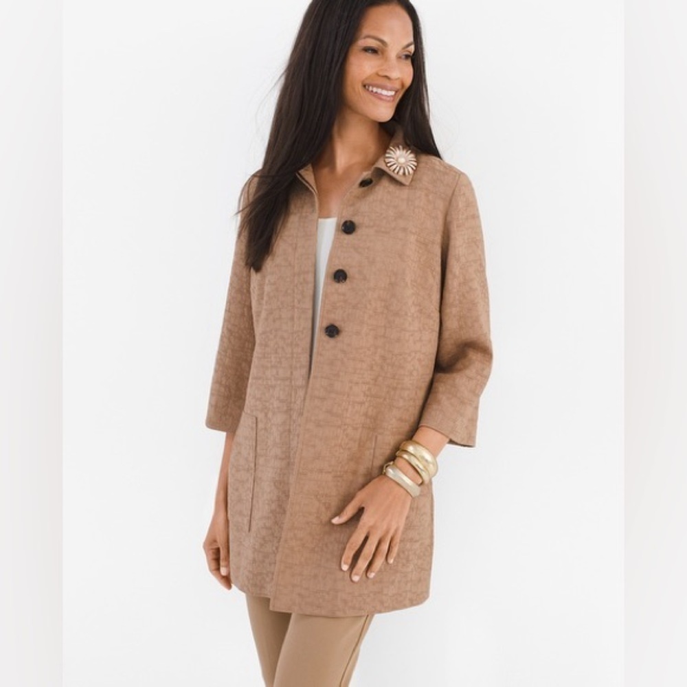 Chico’s Sz L Tan Longline Brocade Textured Jacket